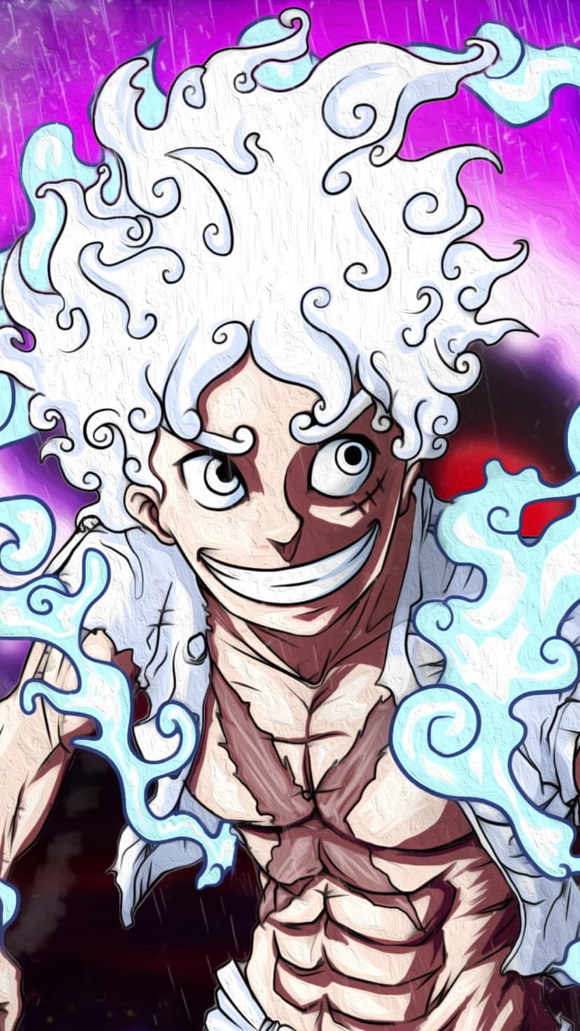 Monkey D. Luffy laughs in Gear 5 form with billowing white hair and glowing energy trails against a dark background.