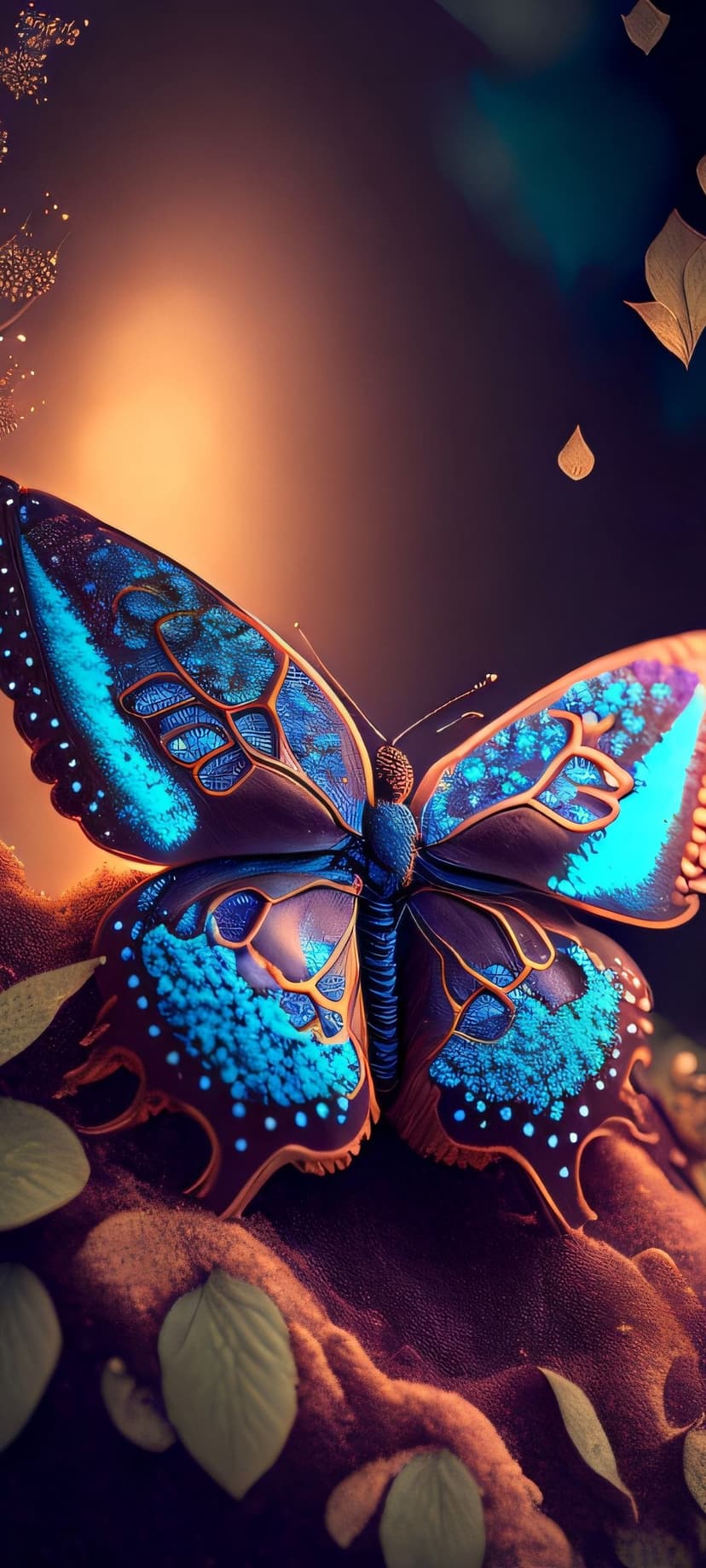 Blue butterfly with iridescent wing patterns rests on a mossy branch under warm, diffused woodland lighting.