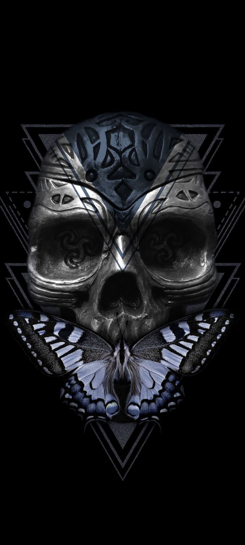 Metallic skull with geometric patterns and a blue butterfly on its jaw creates a dark vertical phone background.