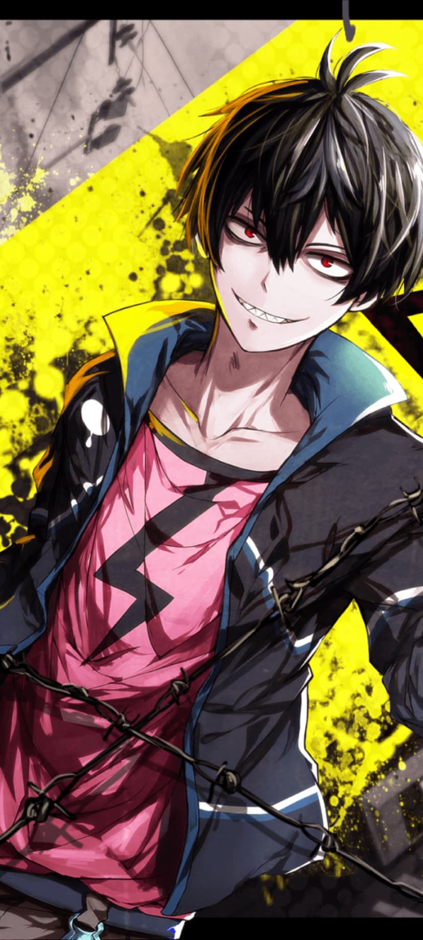Black haired boy with red eyes wearing a pink lightning shirt and barbed wire against a yellow splash background.