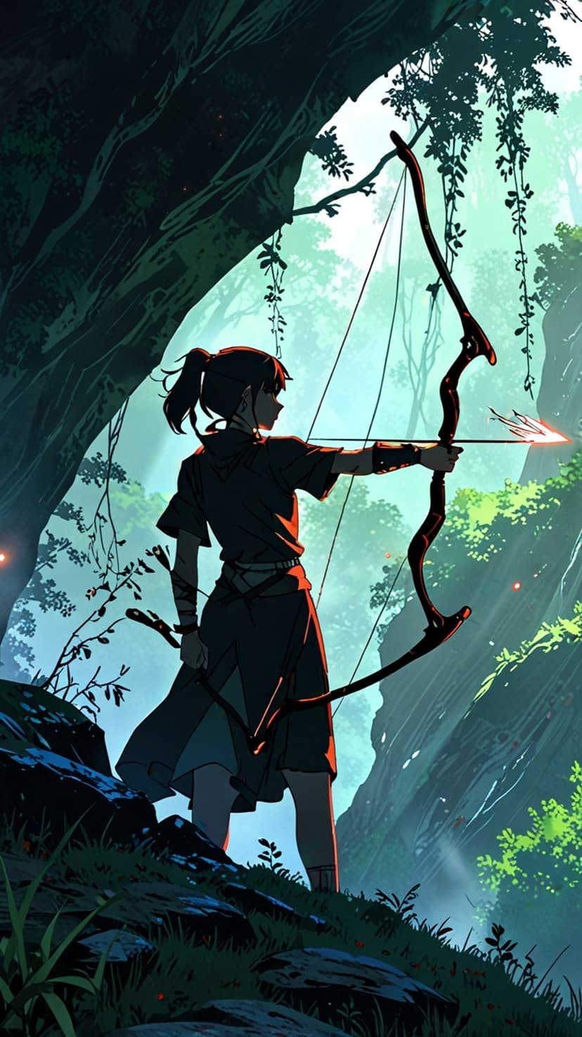 Female archer in silhouette aims a bow as golden sunlight streams through dense forest trees and lush greenery.