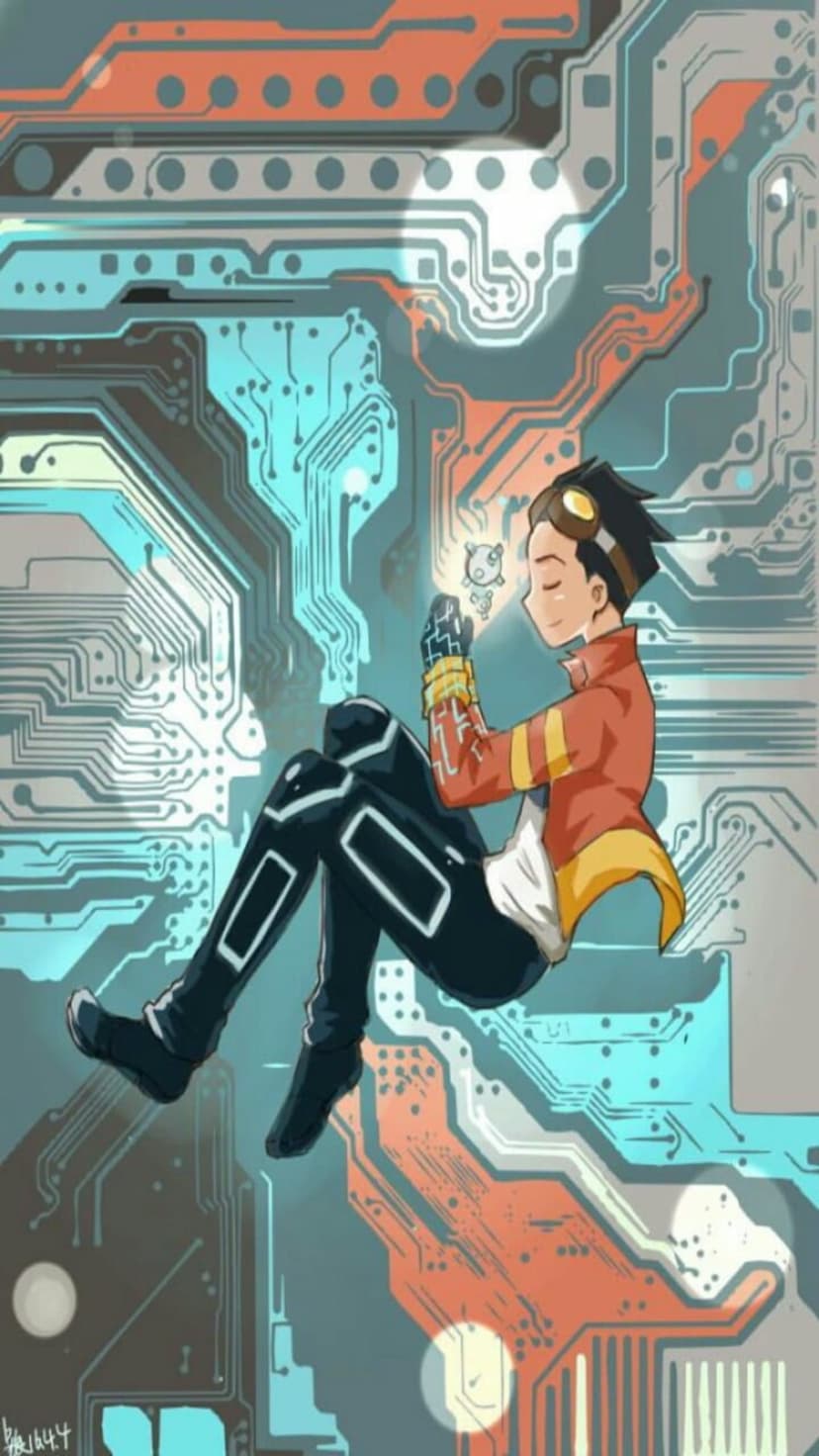Young man with goggles holding a small glowing orb while sitting in a blue and orange circuit board environment.