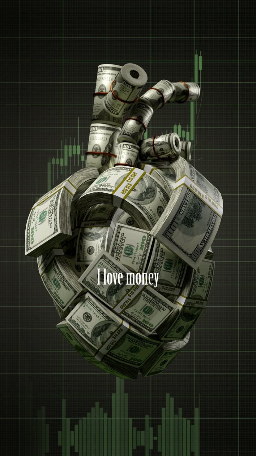Heart-shaped sculpture made of rolled hundred dollar bills placed in front of a green financial growth chart.