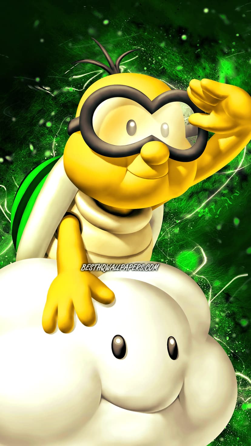 Lakitu sits on a smiling white cloud wearing black goggles against a neon green energy streak background.