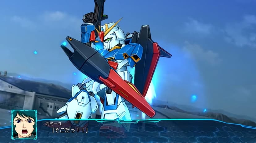 Zeta Gundam mecha in a combat pose with glowing blue energy, pilot Kamille Bidan portrait, and blue sky background.