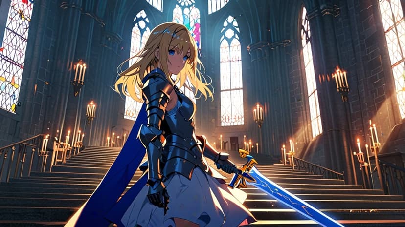 Armored female warrior grips a luminous blue sword standing in a grand cathedral beneath stained glass windows.