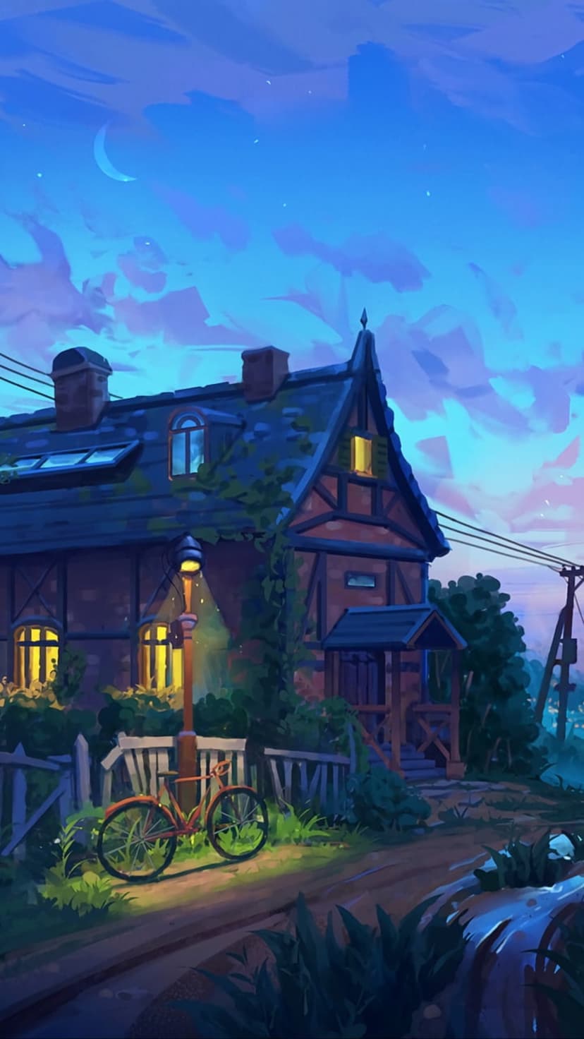 Rustic cottage with illuminated windows and a bicycle near a lamp post under a slender crescent moon.