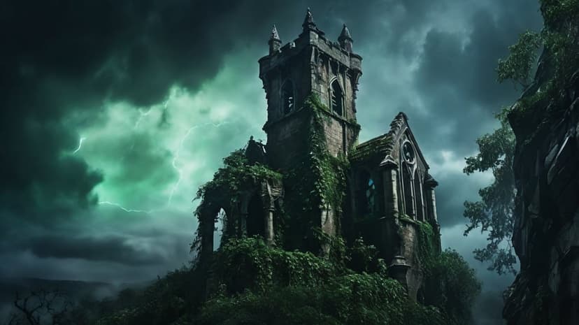 Gothic church ruins covered in ivy glow under green lightning flashes beneath a dark, turbulent storm sky.