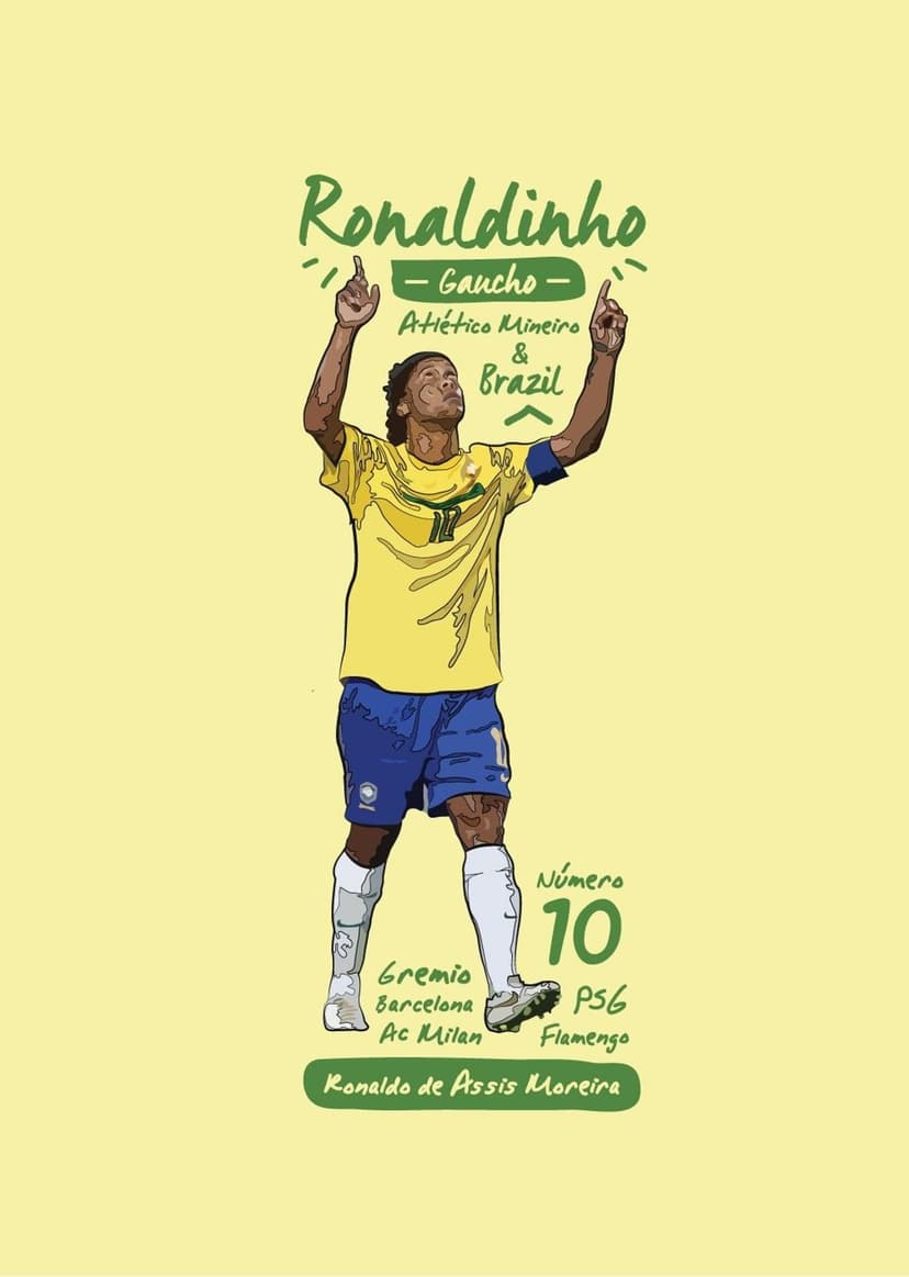 Ronaldinho smiles with arms raised in a yellow Brazil jersey featuring a number ten and listed football clubs.
