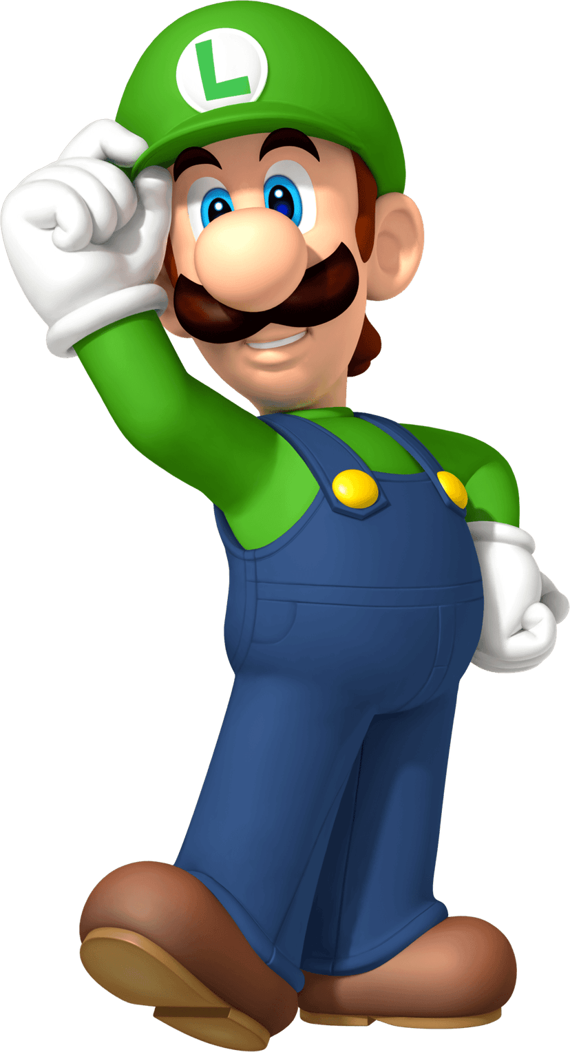 Luigi character vector illustration featuring a green cap, blue overalls, and white gloves on a transparent background.