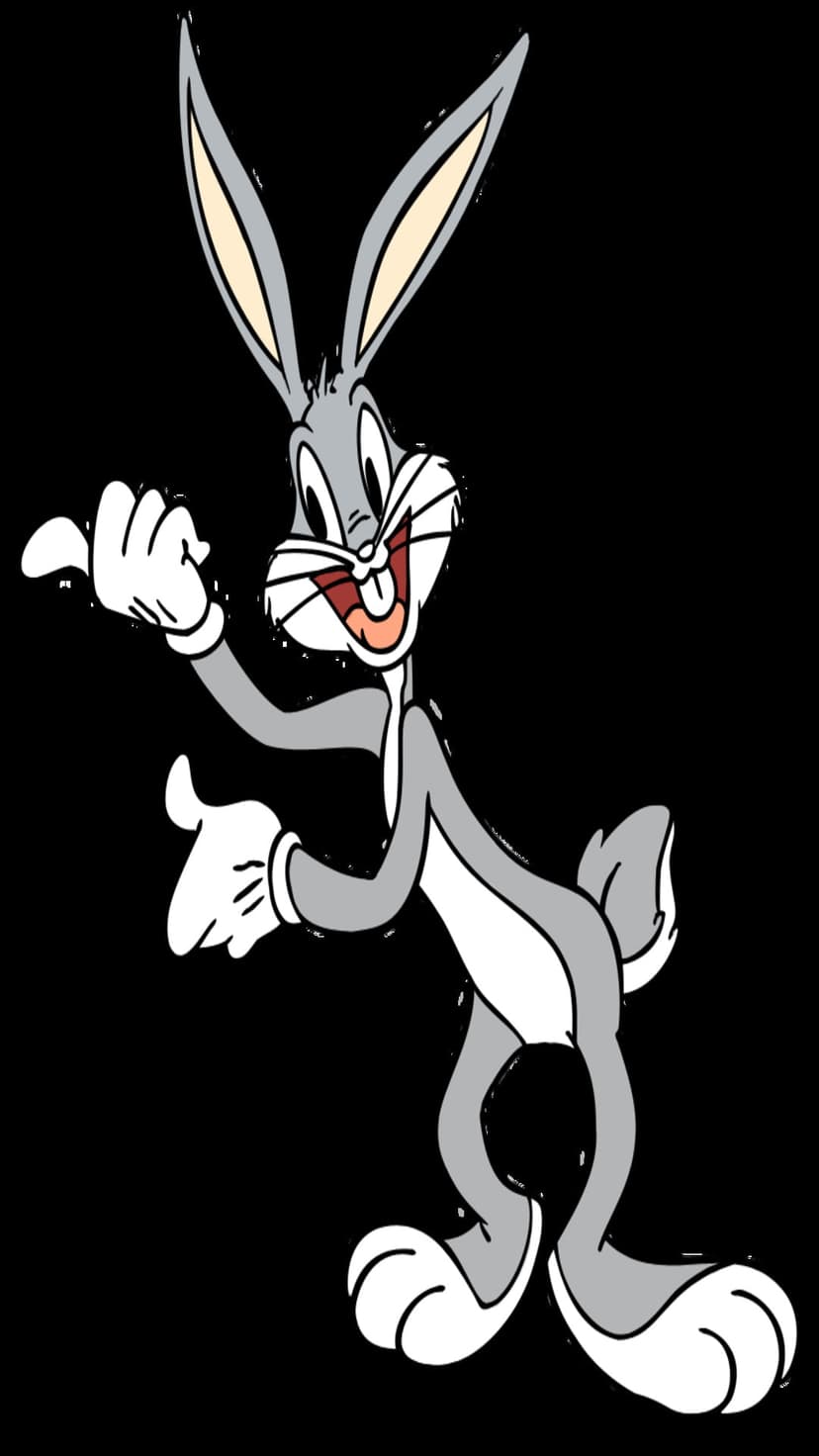 Bugs Bunny smiling with a thumbs up gesture, featuring grey and white fur and white gloves in a cartoon style.
