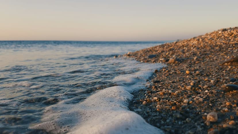 Sea foam bubbles over wet pebbles on a shore during a golden sunset with a soft horizon in the distance.