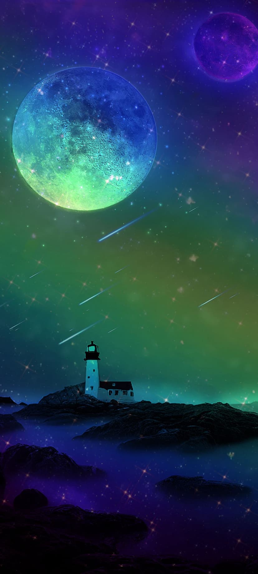 Glowing lighthouse on a rocky island under a massive blue moon, purple nebula, and streaks of falling stars.