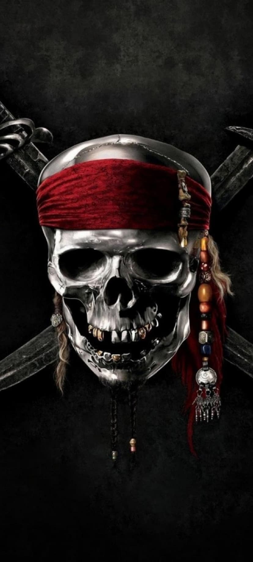 Jack Sparrow skull with a red bandana and beads positioned over two crossed pirate swords on a dark background.