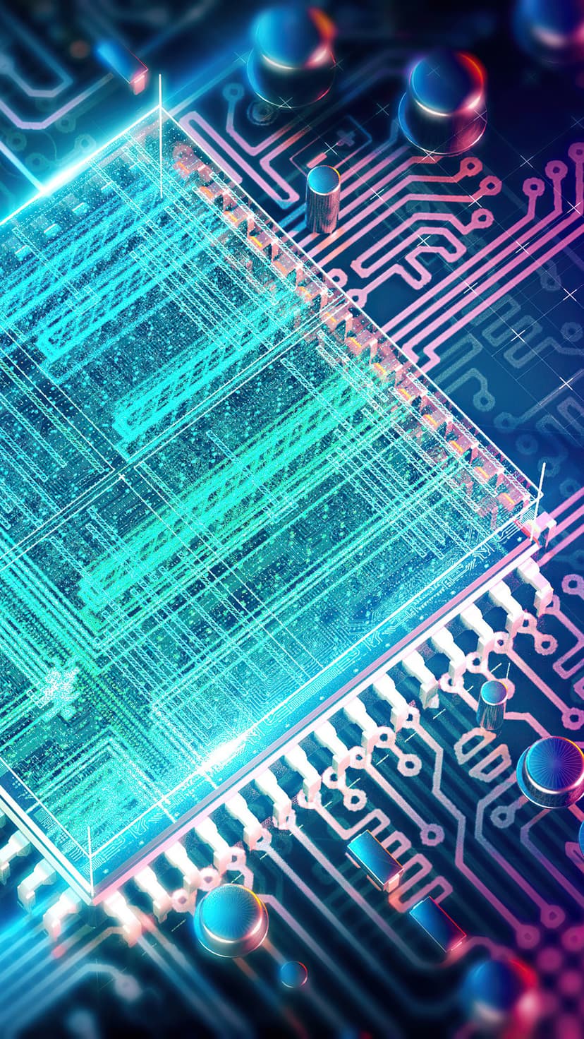 Neon pink and blue circuit board pathways glow amidst dark microchips and intricate electronic components.