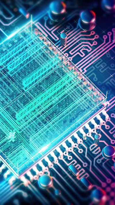 Futuristic Circuit Board with Neon Blue and Pink Lights