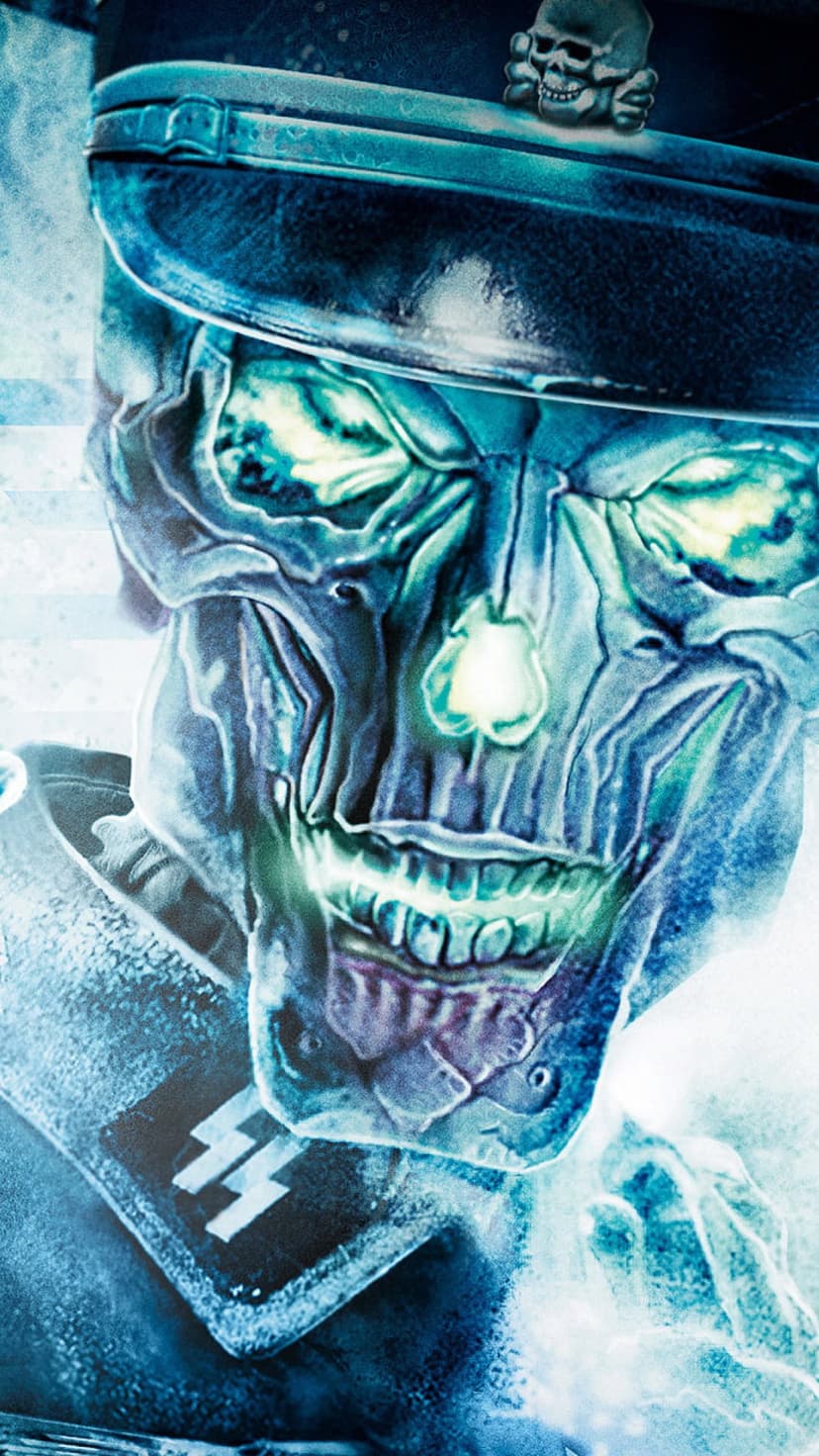 Undead soldier with a skull face and glowing green eyes wears a military cap with a skull emblem in blue mist.