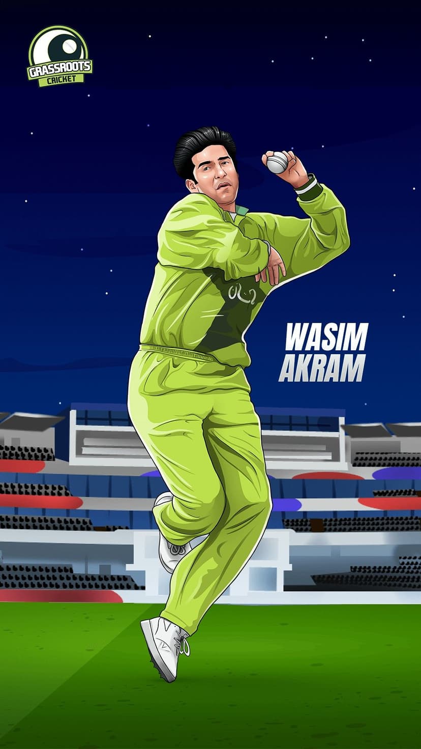 Wasim Akram in a green uniform winds up to bowl a cricket ball on a pitch under a starry night stadium.