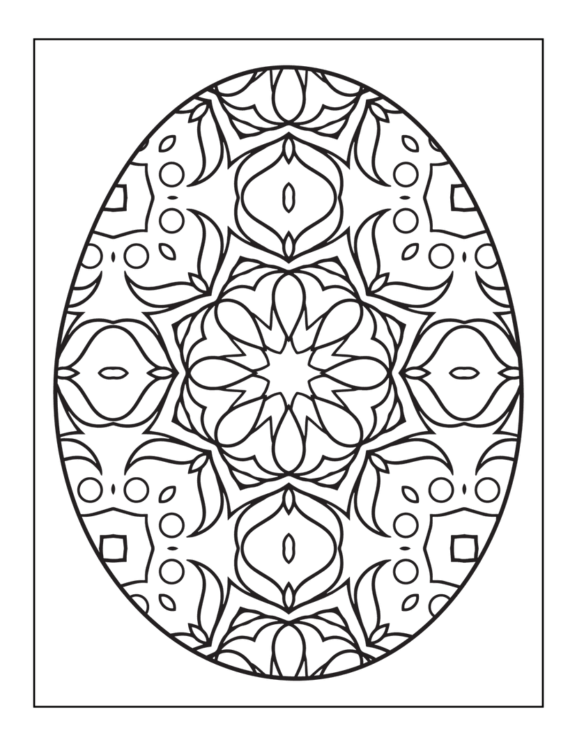 Mandala Easter egg outline featuring symmetrical floral patterns and geometric line art on white background.
