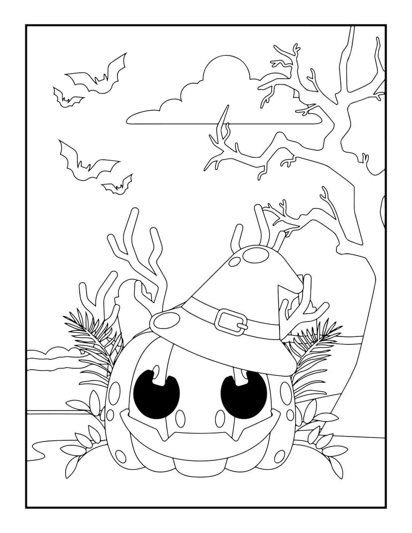 Halloween coloring page featuring a pumpkin wearing a witch hat near bare trees and small flying bats.
