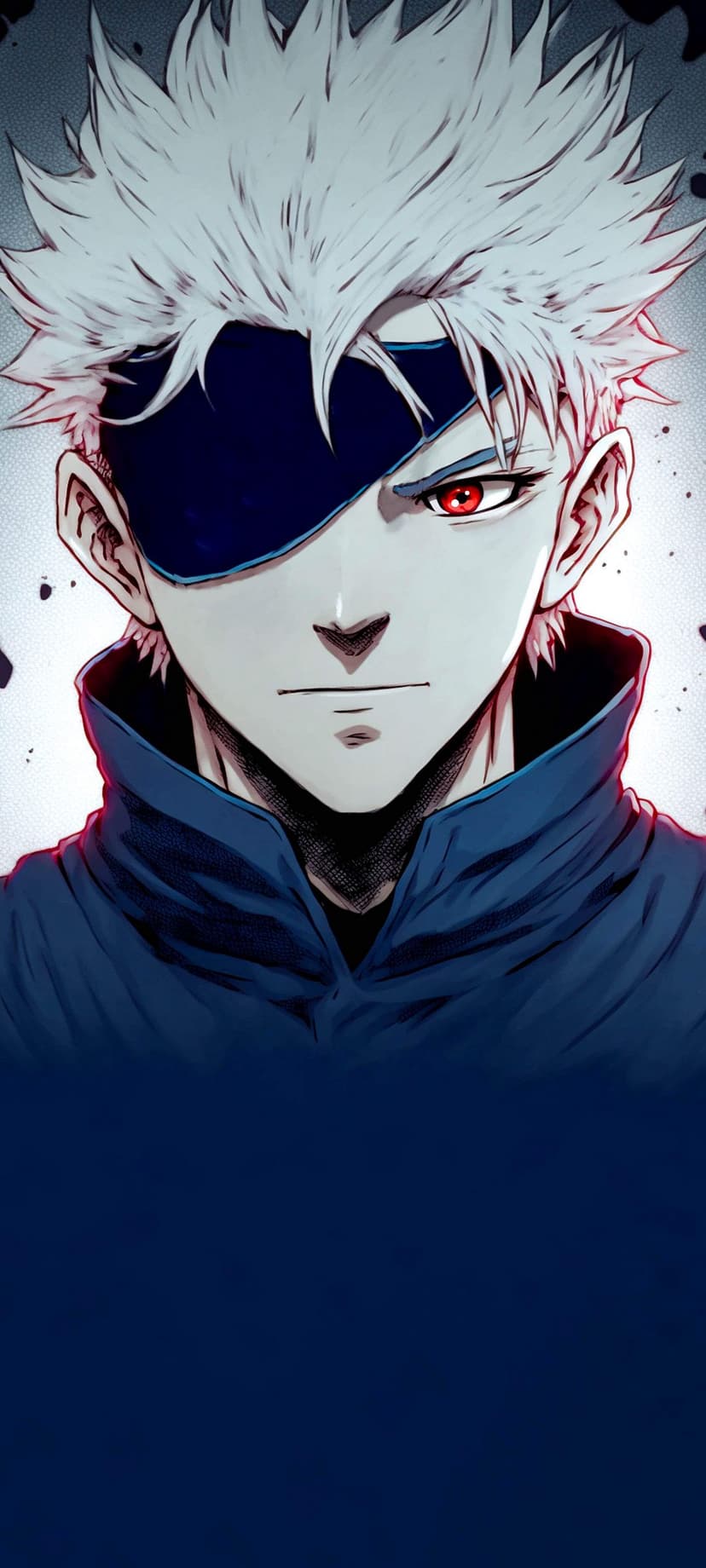 White haired anime boy with a red eye and black eye patch wears a high collar jacket against a dark background.