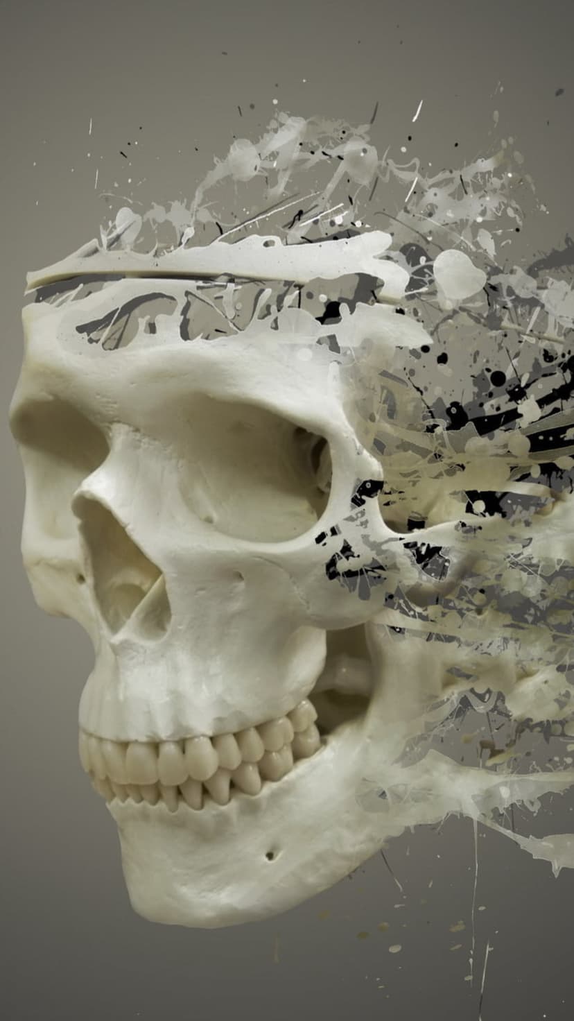 Human skull profile disintegrating into energetic black and grey paint splatters on a solid neutral background.