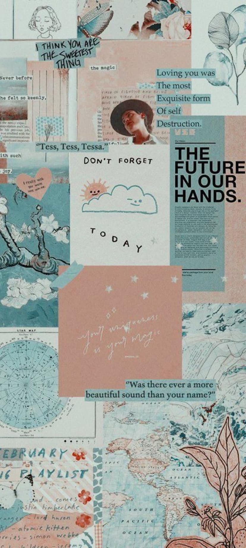 Antique world maps, celestial star charts, and botanical sketches overlap in a soft peach and blue vertical layout.