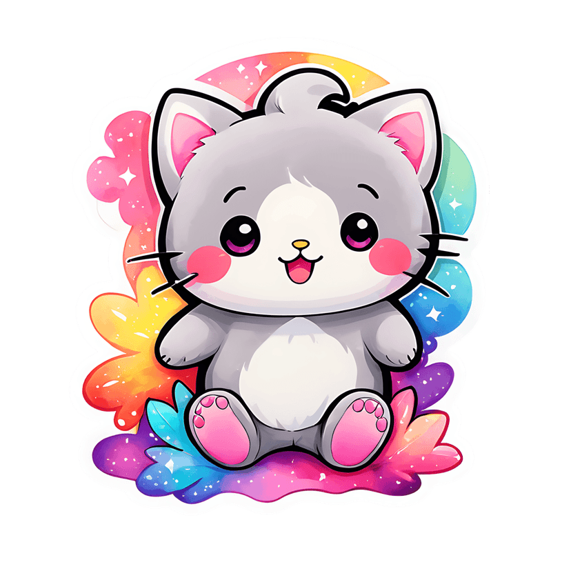 Rainbow cat sticker with grey fur, pink cheeks, and a white border against a colorful gradient background.