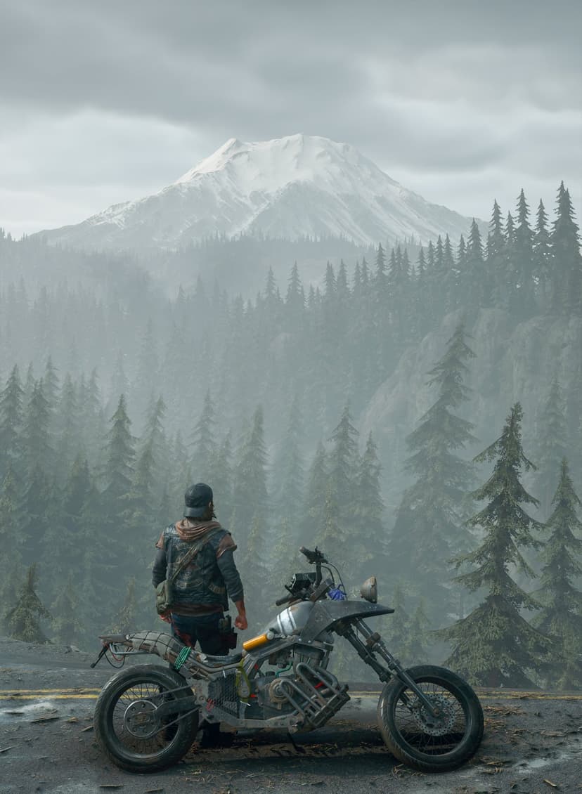 Motorcyclist standing beside a bike overlooks a misty pine forest and snowy mountain peaks in the far distance.