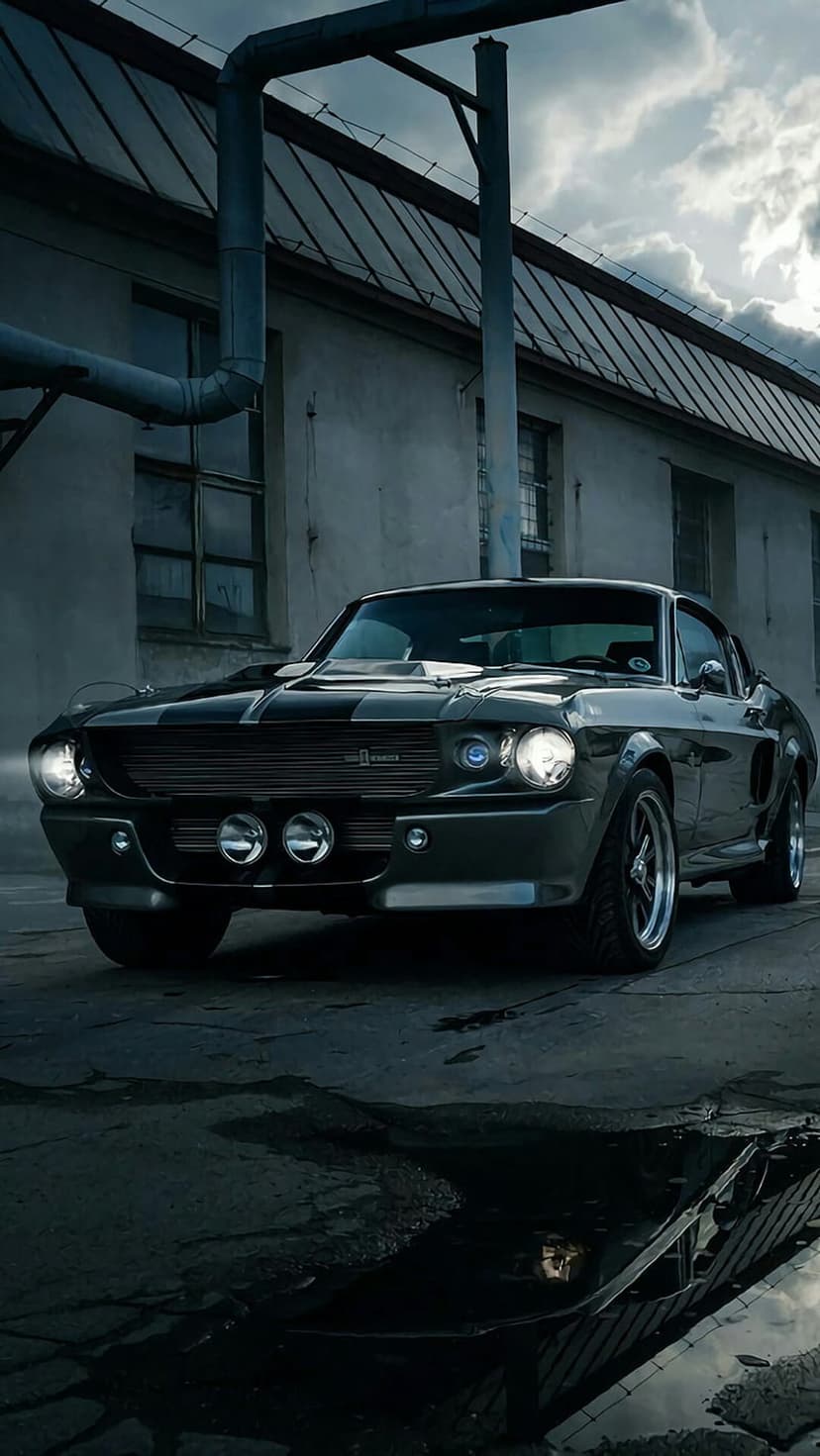 Dark grey 1967 Eleanor Mustang with glowing headlights parked on wet asphalt by an industrial brick building.