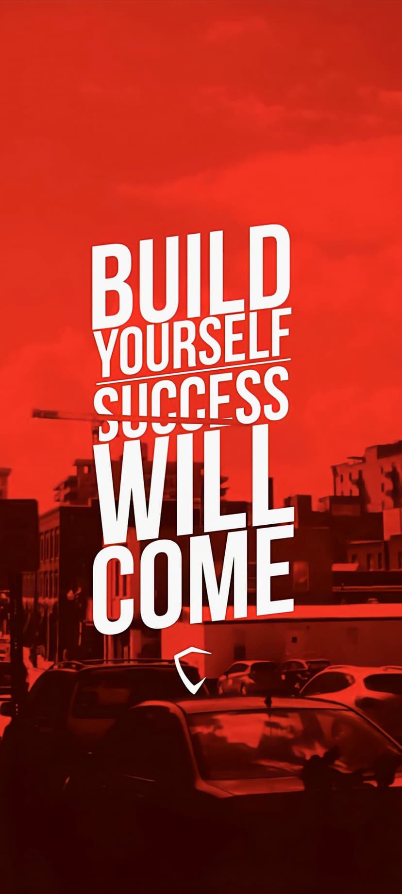 Bold white text saying Build Yourself Success Will Come set against a crimson sky and city skyline silhouette.