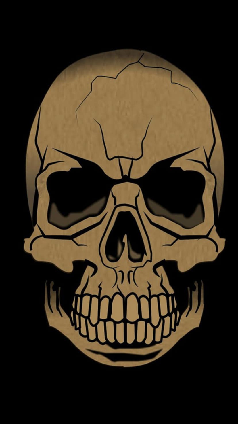 Golden skull with deep cracks and hollow eyes set against a black background in a vertical composition.