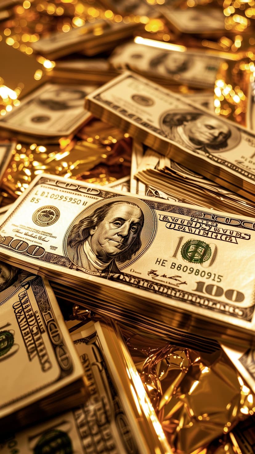 Benjamin Franklin on 100 dollar bills layered with crinkled gold foil in a high-contrast macro close-up view.