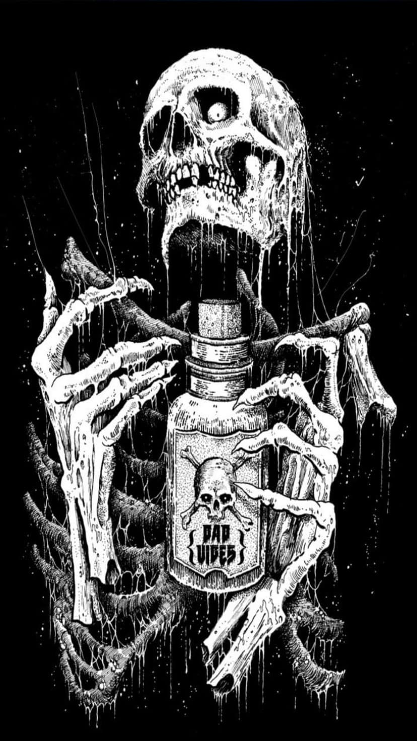Grinning skeleton clutching a potion bottle labeled bad vibes against a dark cosmic background with ink drips.