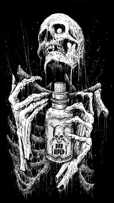Scary Skeleton Holding "Bad Vibes" Potion Illustration