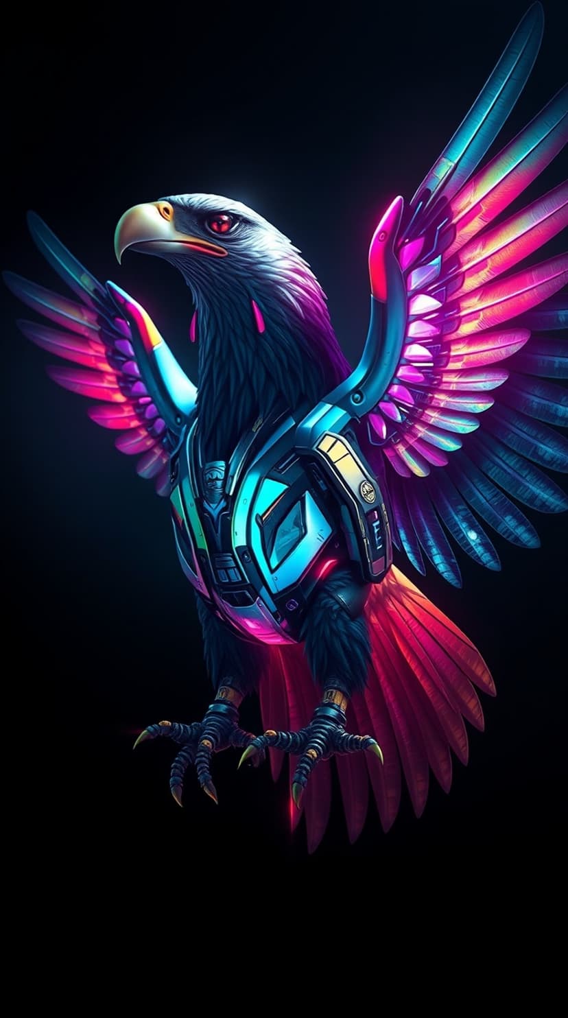 Cybernetic eagle with glowing neon wings, crimson eyes, and metallic chest armor against a solid black background.