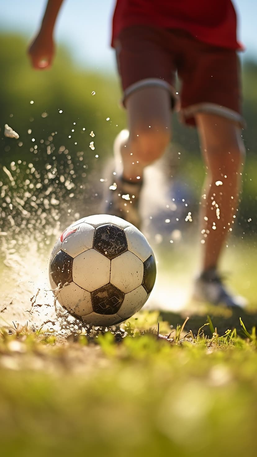 Child's legs kick a soccer ball through splashing mud and water on a sunlit grass field under a blue sky.