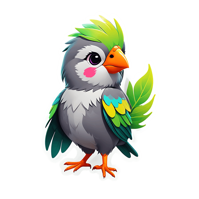 Gray bird digital illustration features a green crest, orange beak, and colorful wings with a white border.
