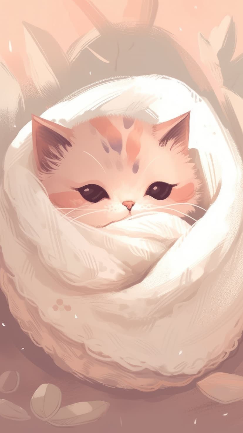 Tabby kitten with large expressive eyes wrapped tightly in a thick white fleece blanket with soft shadows.