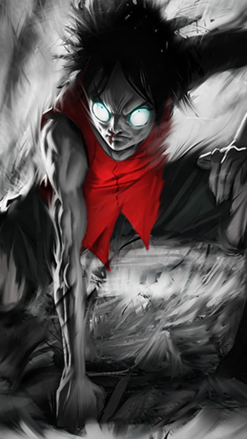 Monkey D. Luffy posing in Gear Second with glowing red eyes and steam rising against a dark monochromatic background.