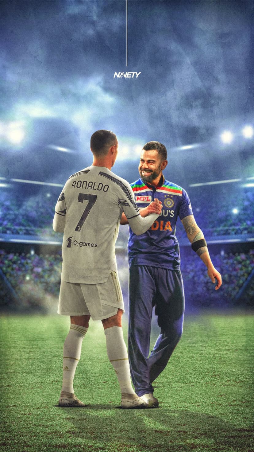 Cristiano Ronaldo and Virat Kohli shaking hands on a green stadium field under bright arena lighting.