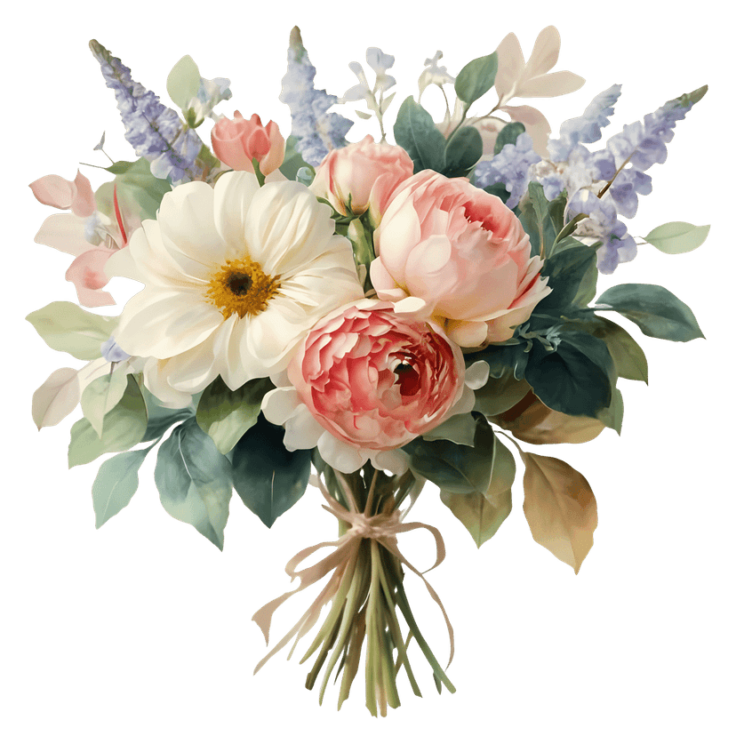 Floral Bouquet Watercolor Artwork features pastel pink petals and green leaves on a transparent background.