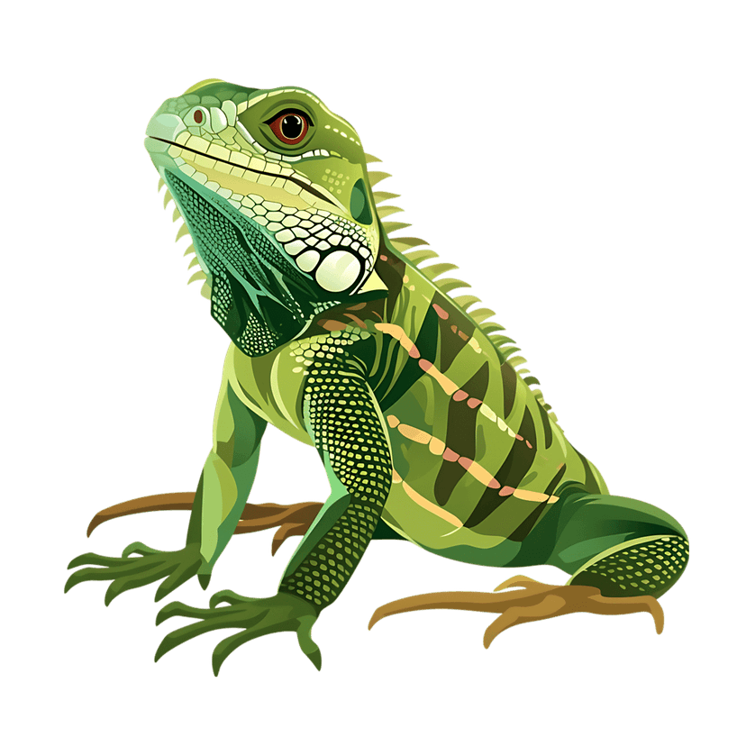 Green iguana reptile illustration shows textured emerald scales and a red eye while perched on brown branches.