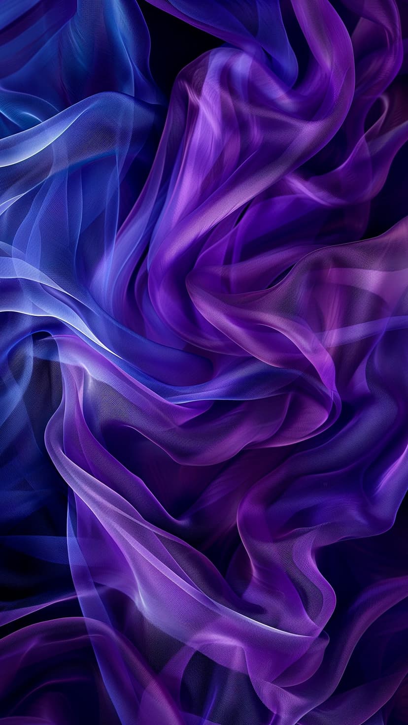 Swirling purple and blue translucent fabric layers with soft highlights and deep shadows in a vertical layout.