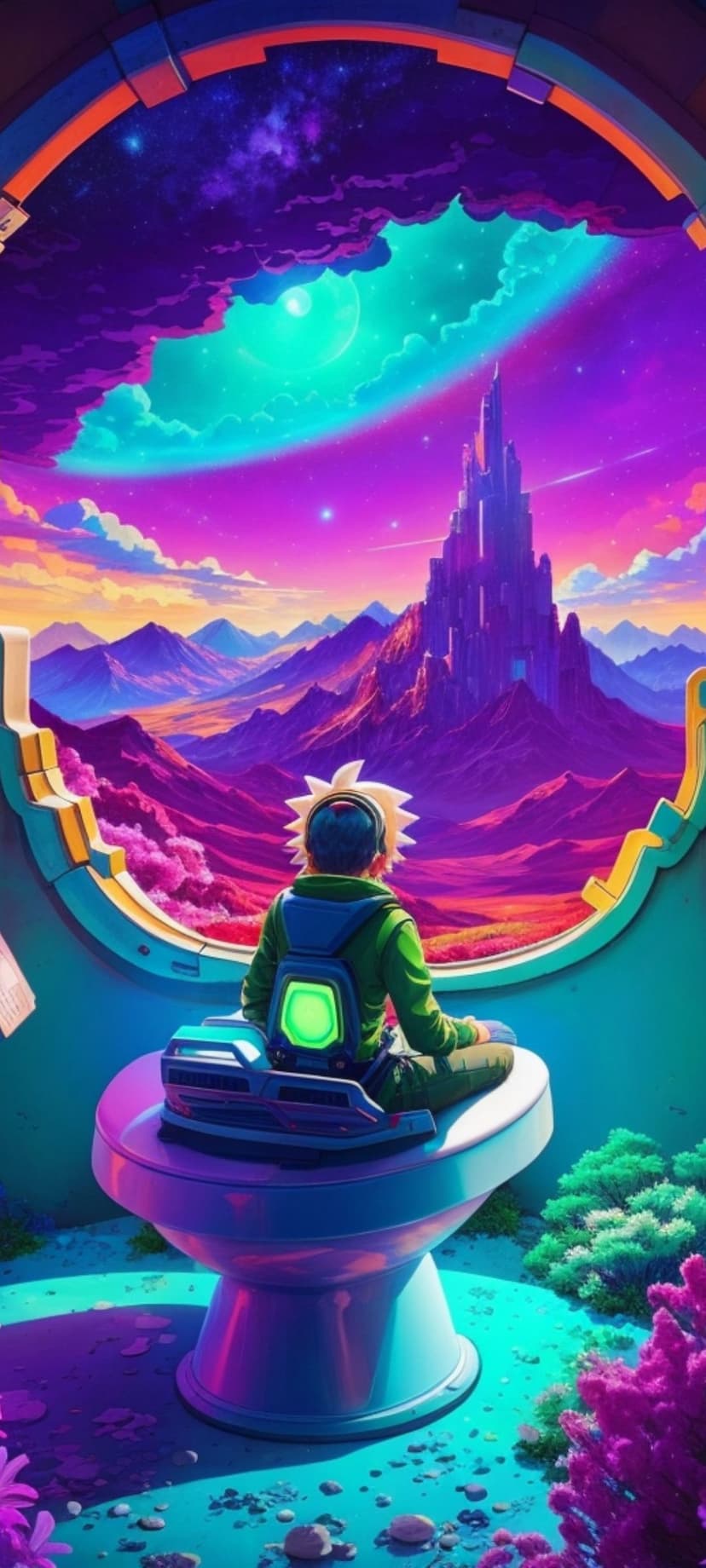 Person meditating on a throne looking out a window at a purple alien city with mountains under a cosmic sky.