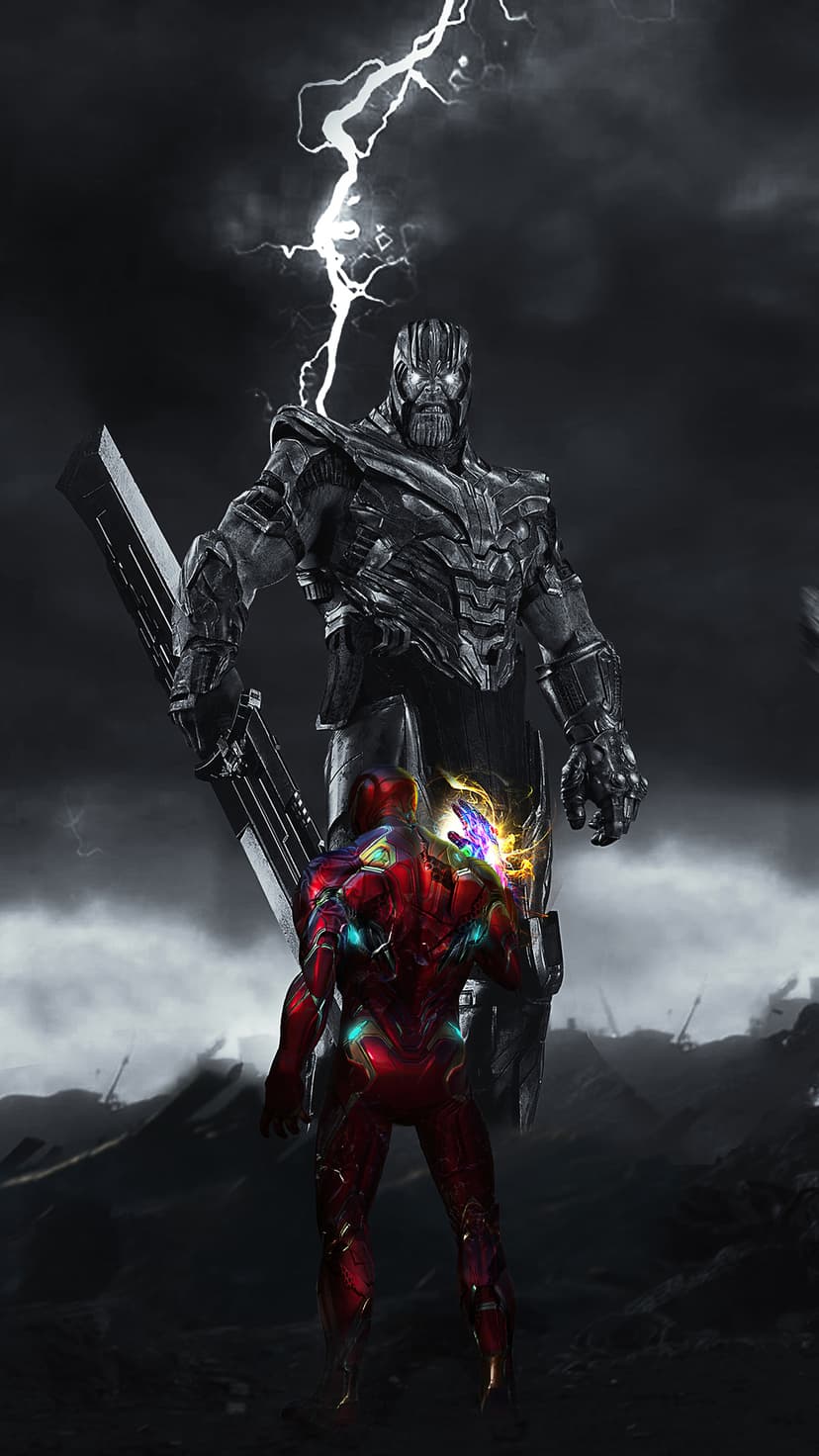 Thanos faces Iron Man under a stormy sky while a glowing gauntlet radiates intense energy during their final duel.