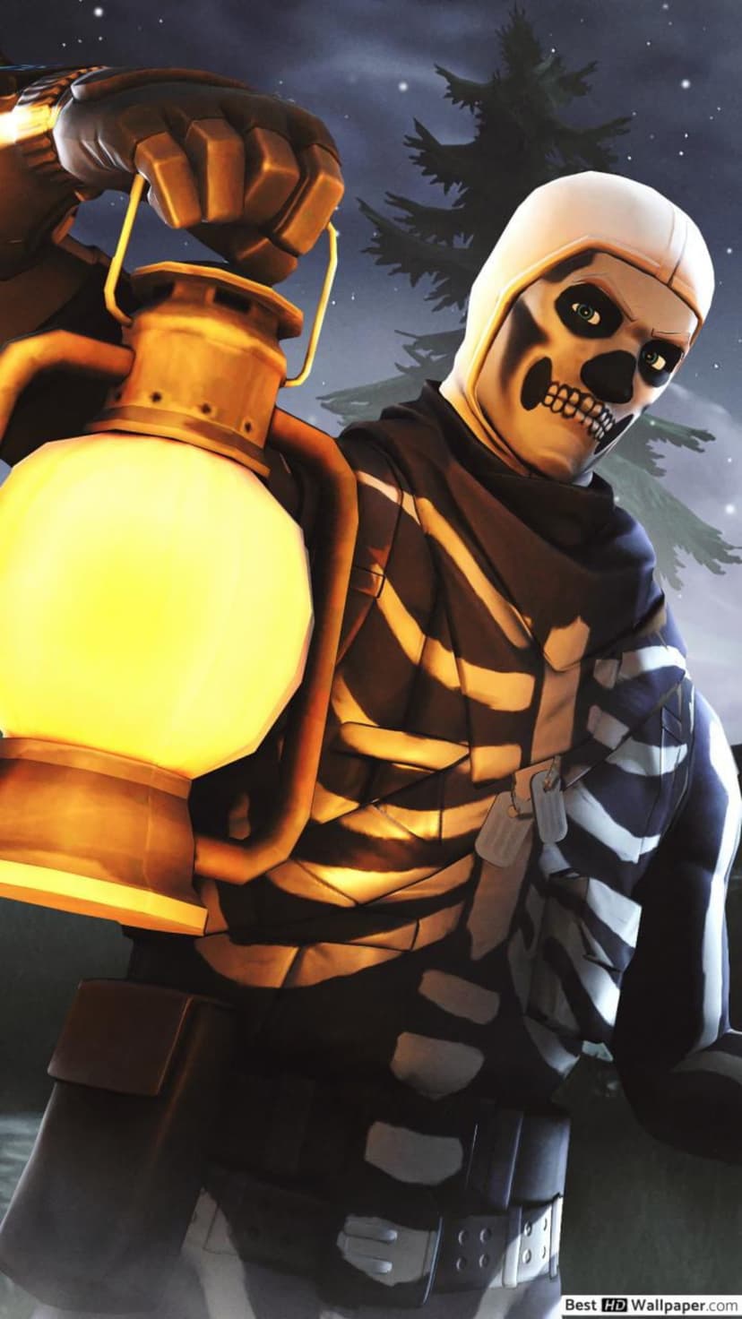 Skull Trooper character holds a glowing yellow lantern within a dark nighttime forest, wearing skeleton armor.