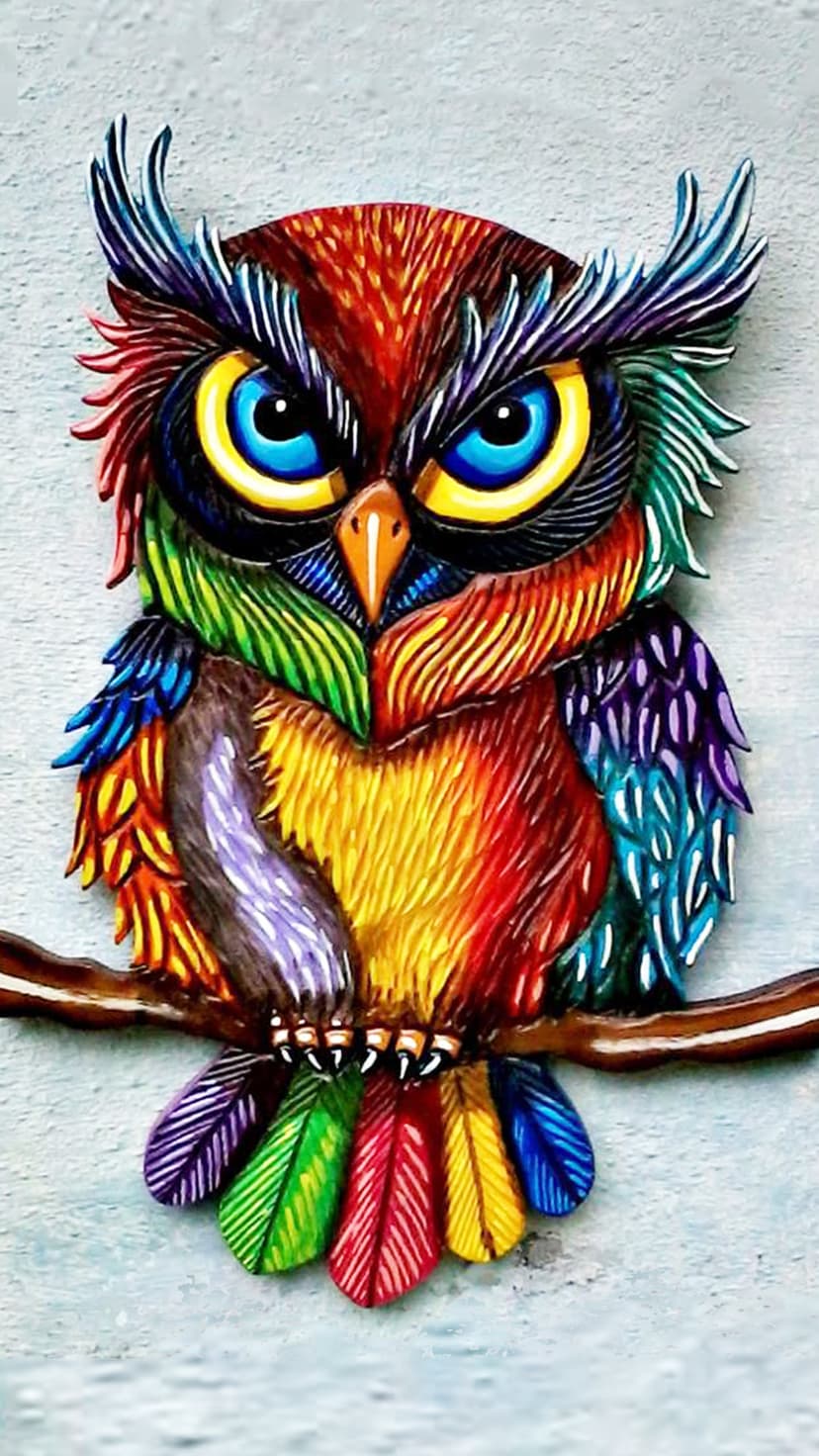 Multi-colored owl with neon feathers and intense yellow eyes stares forward in a vertical portrait view.