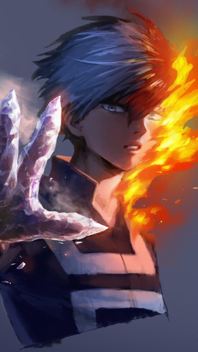 Shoto Todoroki with bicolored hair emits jagged blue ice and orange fire from his body against a smoky backdrop.