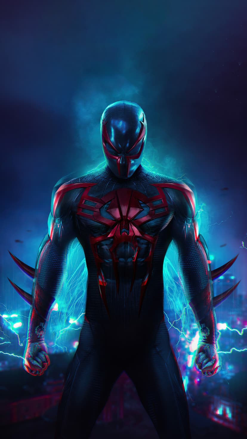 Spider-Man 2099 stands in a futuristic city surrounded by glowing blue lightning and tall neon skyscrapers.